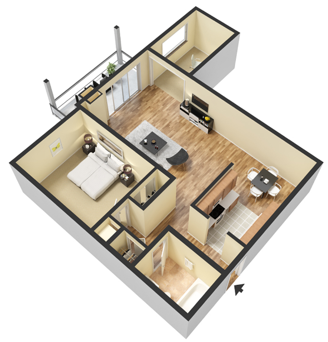 1 Bed - 1 Bath, 1034 sq ft, Timberland + Den floorplan